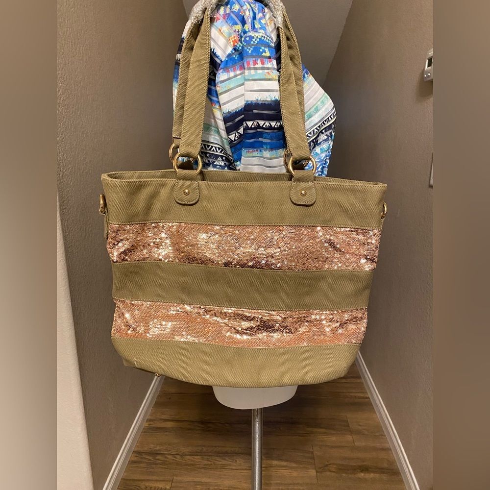 Neiman Marcus KhakiK Canvas and Pink Sequin Tote Bag Lined